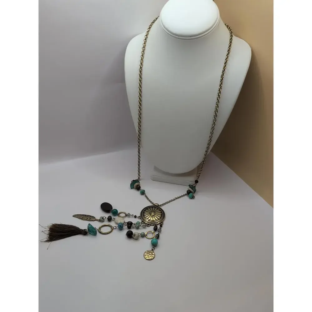 Vintage 1946 Turquoise Fringe Tassel Fabric Charm Beaded Necklace